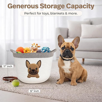 French Bulldog, Pug & Boston Terrier Dog Toy Basket, 15x11 Inch Woven Cotton Rope Storage Bin with Puppy Patch, Large Pet Organizer for Toys, Blankets, Leashes, Living Room Decor (Brown/Beige)