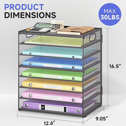8 Tier Paper Organizer with Handle, Metal Mesh Desk File Organizer, Large Capacity Desk Organizers Paper Letter Tray Desktop Document Sorter for Office, Home or School-Grey