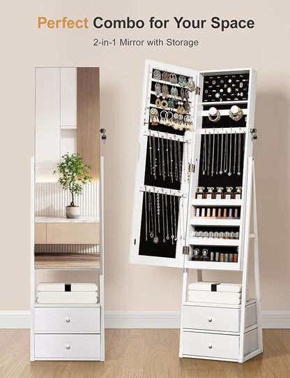 Nicetree Jewelry Cabinet Armoire with 2 Drawers, Lockable Standing Mirror Jewelry Cabinet, Full Length Mirror with Jewelry Storage, Christmas Gifts, White
