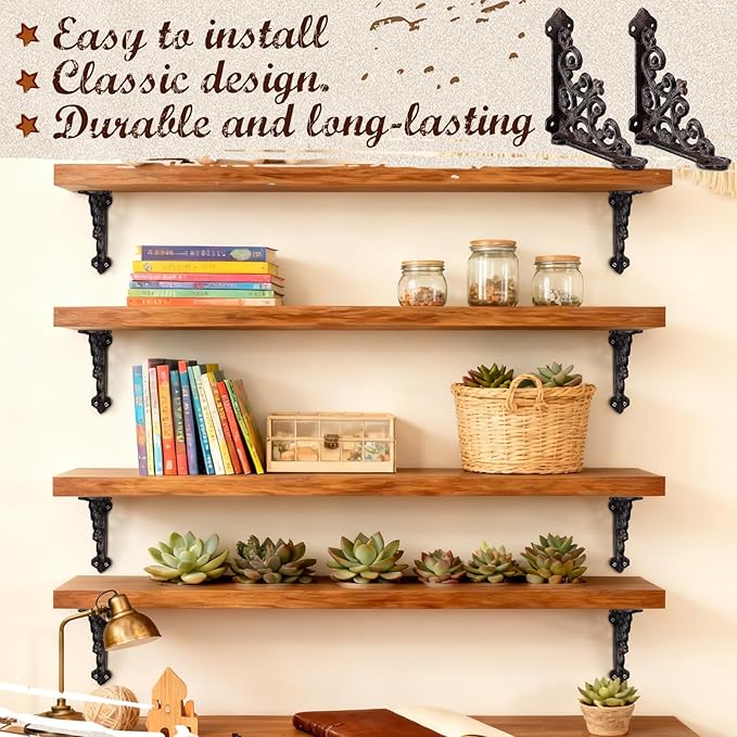 Blulu 4 Pack Antique Style Cast Iron Shelf Brackets Decorative Brackets 5 1/2" x 5 1/2" Wall Mount Shelving Bracket Heavy Duty Victorian Style Shelf(Iron Gray)