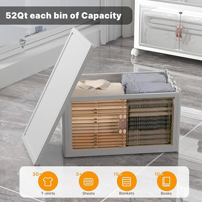 Extra Large Stackable Storage Bins with Lids & Wheels & Door, 416QT-52QT/13GAL*8Pack Foldable Collapsible Closet Organizers, Plastic containers drawers for bedroom Dorm