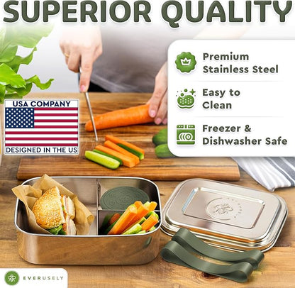 Everusely - Bento Box - Sage, 60oz / 1.8 L - Extra Large Stainless Steel Lunch Box + Leakproof Condiment Container - 3 Compartment Snack Organizer for On the Go Meals - Freezer & Dishwasher Safe