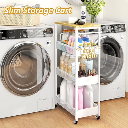 Slim Rolling Utility Cart, 4 Tier Metal Narrow Storage Cart with Handle and Wood Top, Multifunctional Small Mobile Shelf Unit Organizer Trolley for Laundry, Bathroom, Kitchen