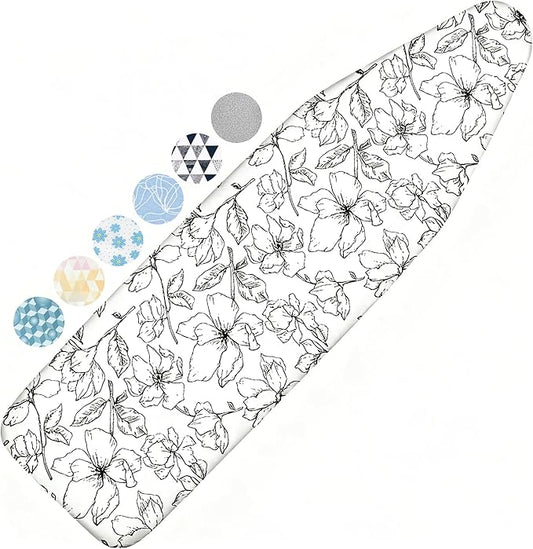 Ironing Board Cover and Pad, 15x54 Standard Size Thick Iron Padding, Scorch & Stain Resistant Ironing board cover, Heavy Duty Iron Board Padded with Adjustable Fasteners Elastic Edge, Floral White