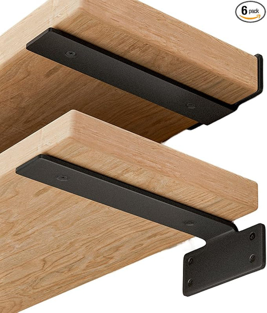 Shelf Brackets Floating Shlef Brackets 6-Inch 6-Packs, 1/5 Inch Thick Heavy Duty Shelving Brackets for Wood Shelves, 6" Hidden Black Metal L Bracket Shelf Bracket Supports with 160 Lbs Load Capacity