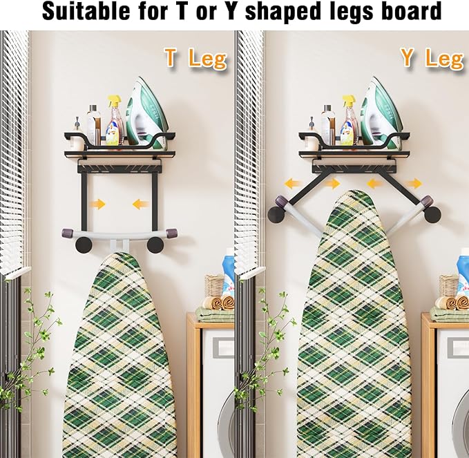 Ironing Board Hanger Wall Mount with Renewable Natural Fiber Shelf, Heavy Duty Iron Board Holder for Laundry Room Organization and Storage, Fits T & Y Shaped Leg Boards, Space Saving, Black