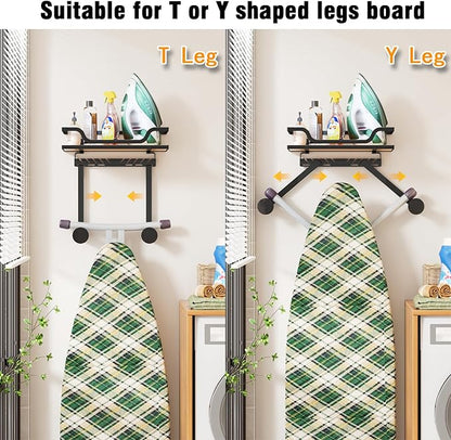 Ironing Board Hanger Wall Mount with Renewable Natural Fiber Shelf, Heavy Duty Iron Board Holder for Laundry Room Organization and Storage, Fits T & Y Shaped Leg Boards, Space Saving, Black