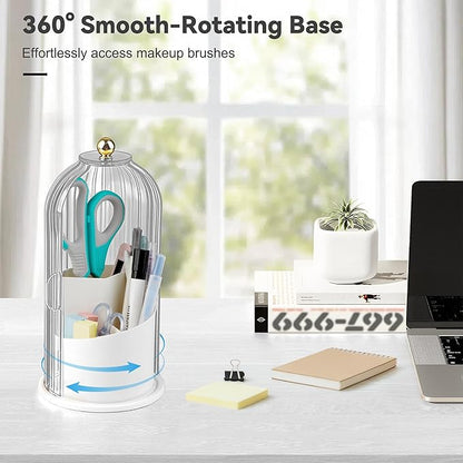 360° Rotating Makeup Brush Holder with Lid, Waterproof Three-Compartment Makeup Organizer, 180° Side-Pull Door Desk Organizer, Dustproof Brush Holder for Vanity and Bathroom (Transparent)