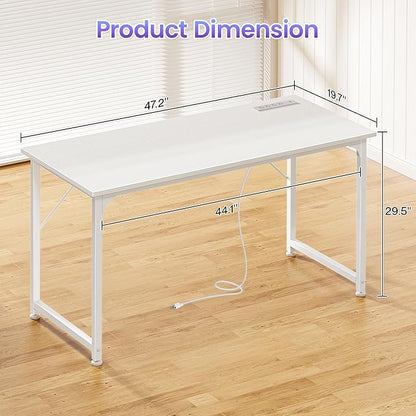 PRAISUN 47 X 20 Inch Office Computer Desk with Power Outlets and USB-C Port, Larger Gaming Desk, for Home Office, Study, Bedroom, Writing Work from Home Table, Metal Frame, White