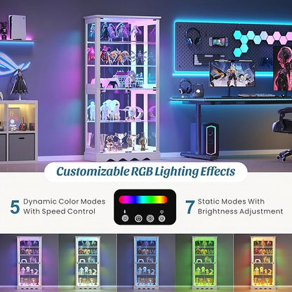 Glass Display Cabinet with RGB Light, 5-Tier Curio Cabinet for Collectibles, Display Case with Removable Shelves, Human Sensor Design, White