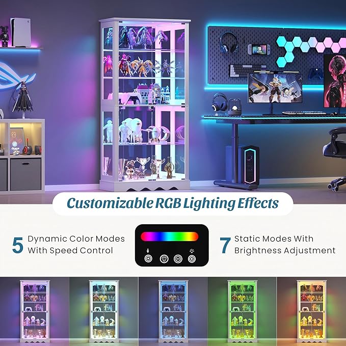 Glass Display Cabinet with Doors, RGB Curio Cabinet with LED Lights for Collectibles, Display Case with Adjustable Shelf, White