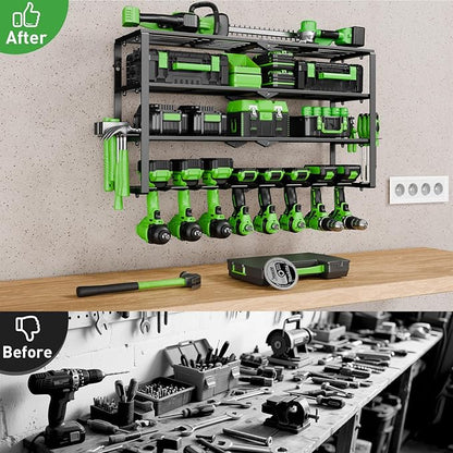 Power Tool Organizer Wall Mount, 4 Layers Tool Storage Rack with 8 Cordless Drill Holders, Power Tool Shelf Loads 400lbs for Garage, Warehouse, Workshop, Gifts for Men, Husband