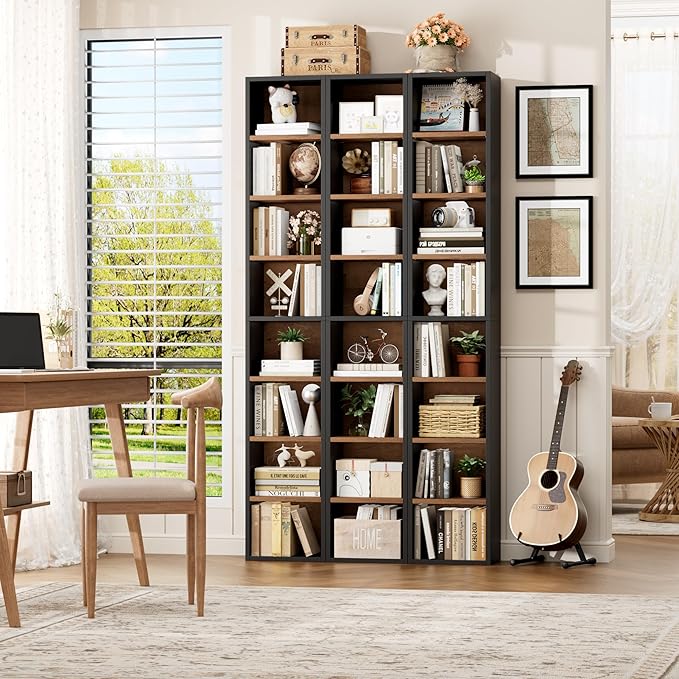 FOTOSOK 8-Tier Media Tower Rack, 11.6 X 9.3 X 71 Inches CD DVD Slim Storage Cabinet with Adjustable Shelves, Tall Narrow Bookcase Display Bookshelf for Home Office, Black/Brown