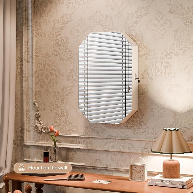 Bonnlo Modern Diamond-Shaped Jewelry Armoire, Lockable Octagonal Jewelry Cabinet Organizer with Mirror, Wall Mounted for Space Saving