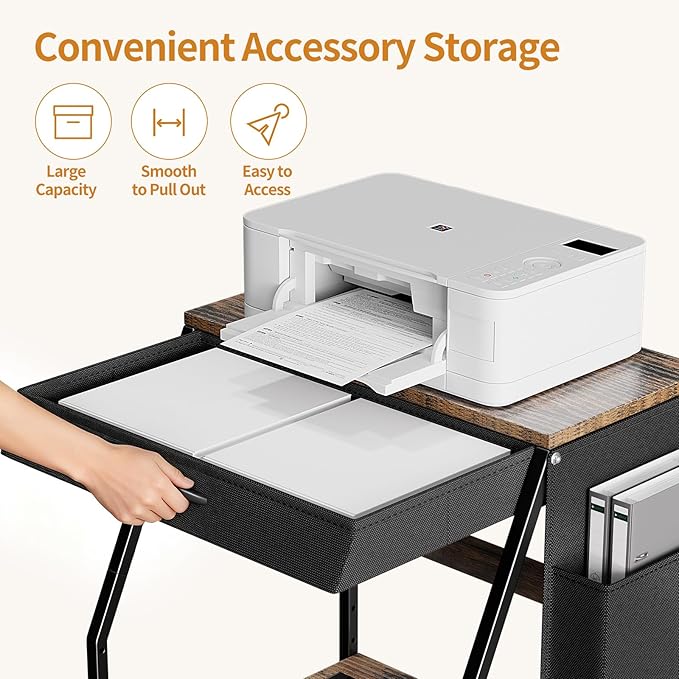 Housolution 22.05" x 18.9" Large Printer Stand with Storage, 3 Tier Printer Table with Fabric Drawer & Charging Station, Heavy Duty Home Office Rolling Stand for Scanner, Fax, Paper Shredder