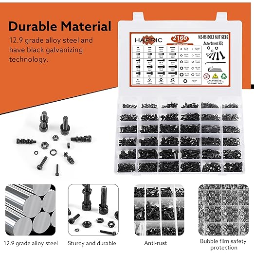2160 Pcs Metric Screw Assortment Metric Bolts M2 M3 M4 M5 M6 Nuts and Bolt Kit, 12.9 Alloy Steel Black Zinc Plated Hex Socket Head Screws Nuts Bolts and Washers Set