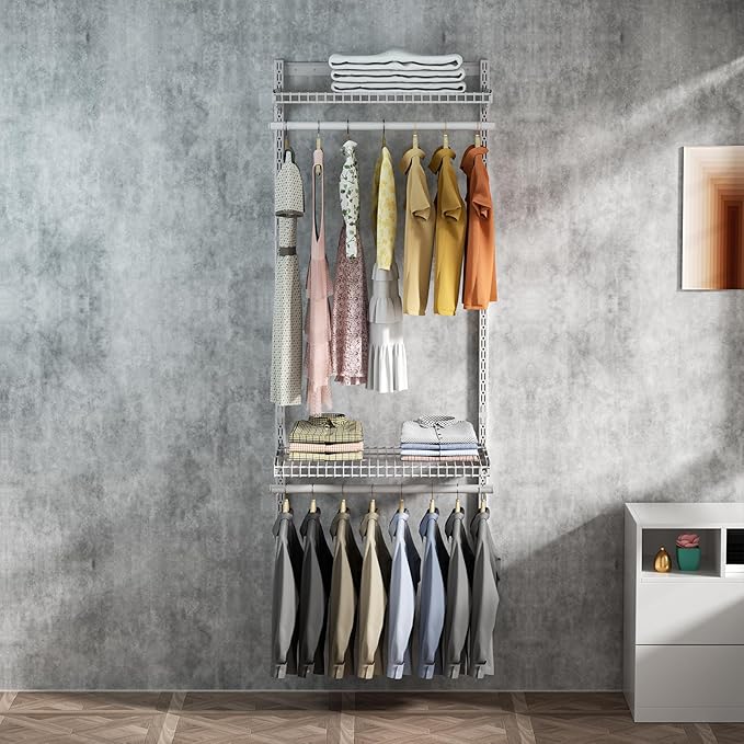 Metal Closet System 2-4FT, Adjustable Wire Shelving, Wall-mounted Closets Kit with Expandable Hanging Rod, DIY Organization Rack for Walk-in/Built-in Wardrobe of Bedroom, Laundry