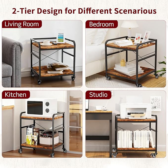 TFK 2 Tier Large Printer Stand with Storage, 20 x 20 Inch Under Desk Printer Table with Adjustable Shelf, Rolling Printers Cart for Home Office, Fits Fax /3D Printer/Scanner, Brown