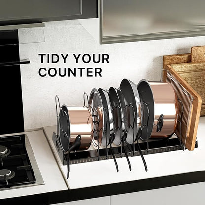 Simple Houseware Expandable Pan Organizer Rack, 10 Adjustable Compartments, Black - Kitchen Cabinet Organizer for Pots, Pans, Lids & Bakeware - Pantry & Countertop Storage