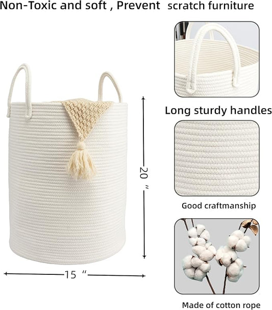 Woven Cotton Rope Laundry basket-15”X20” Laundry Hamper-Rope Storage Basket for Dirty Clothes, Toys and Blankets Perfect for Bathroom, Baby nursery and Living Room Storage (white)