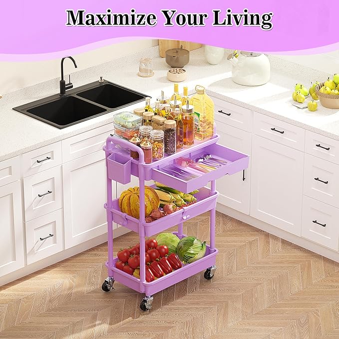 3 Tier Rolling Cart Organizer with Drawer, Bathroom Storage Carts with Wheels & Plastic Shelf, Mobile Storage Organizers for Kitchen, Office, Laundry Room, Baby, Snack, Craft, Makeup, Purple