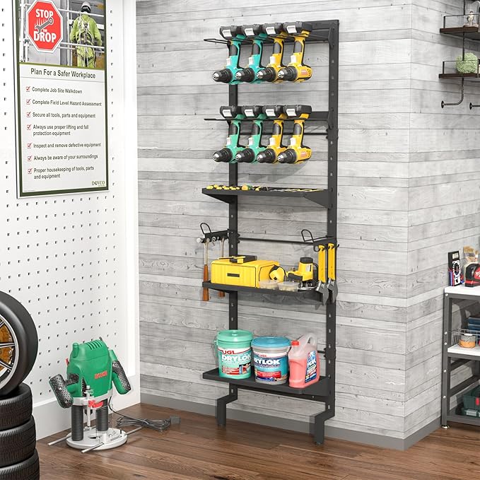 Bukfen Garage Tool Storage Rack, Wall Mount 5-Tier Heavy Duty Metal Organizer with 8 Drill Holder Slots, Adjustable Shelves, Side Hooks Workshop Utility 1 Pack Black Vertical Space-Saving Organization