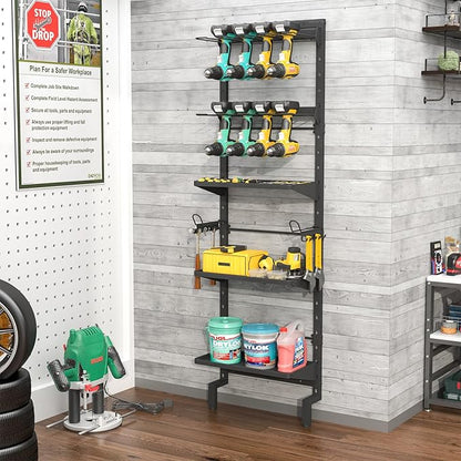 Bukfen Garage Tool Storage Rack, Wall Mount 5-Tier Heavy Duty Metal Organizer with 8 Drill Holder Slots, Adjustable Shelves, Side Hooks Workshop Utility 1 Pack Black Vertical Space-Saving Organization