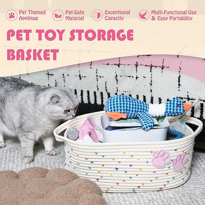 Sea Team Pet Toy Storage Basket with Handles, 16.5 x 11 x 7 Inches, 4.4 Gallons Large Cotton Rope Storage Bin, Shelf Basket, Organizer for Cat, Dog Chew Toys, Foods, Rainbow & Pink Paws