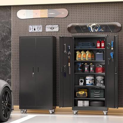 Lockable Garage Storage Cabinet with Wheels and Pegboard, 71" H Black Metal Storage Cabinet with 5 Adjustable Shelves and 4 Hooks for Garage, Home, Assembly Required, Black