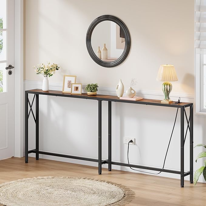 70 in Skinny Sofa Table Behind Couch, Console Table with Oulets & USB Ports for Hallway, Entryway,Living Room, Bedroom, Rustic Brown