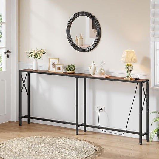 70 in Skinny Sofa Table Behind Couch, Console Table with Oulets & USB Ports for Hallway, Entryway,Living Room, Bedroom, Rustic Brown