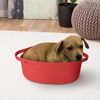 Small Woven Gift Basket, Baskets for Gifts Empty, Cotton Rope Cat Dog Toy Box, Nursery Baby Bin, Wicker Basket with Handles, Shelf Storage and Home Decor, Red, 12"x 8"x 5"