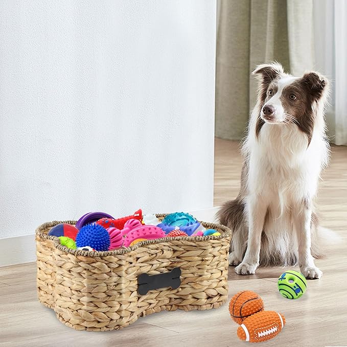 Pet Dog Toy Basket - Bone Shape Storage Bin, Personalized Organizer for Cat Toys, Wicker Holder Box for Living Room, Handmade Water Hyacinth