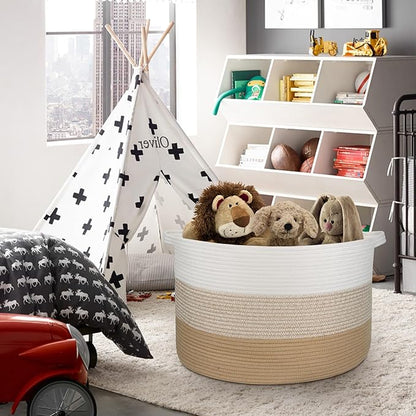 Extra Large Storage Basket, 22” X 22” X 14” Blanket Basket Living Room, Kids Toy Box Organizer, Woven Cotton Rope Baskets for Storage, Soft Dog Toy Bin, Wicker Pillow Blanket Holder
