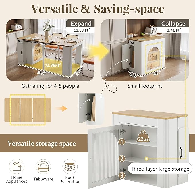 Extendable Dining Table with Storage Cabinet, 15.6" to 59" Rolling Kitchen Island Table with Power Outlet & LED Lights, Space Saving Dining Table for Small Spaces, White
