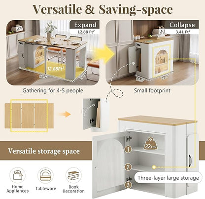 Extendable Dining Table with Storage Cabinet, 15.6" to 59" Rolling Kitchen Island Table with Power Outlet & LED Lights, Space Saving Dining Table for Small Spaces, White