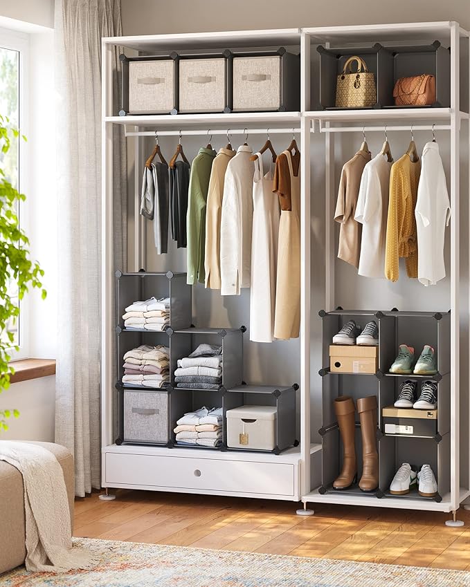 SONGMICS Cube Storage Organizer, Set of 16 Plastic Cubes, Book Shelf, Closet Organizers and Storage, Room Organization, Bedroom Living Room, 12.2 x 48.4 x 48.4 Inches, Gray ULPC442G01