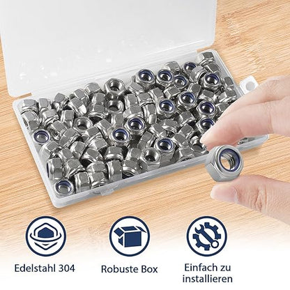 90 Pack M8-1.25mm Nylon Insert Locknuts,304 Stainless Steel A2-70 Lock Nuts,Standard Metric Thread Nylock Nuts for Bolts