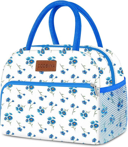 Coobiiya Lunch Bag Women, Lunch Box for Women Adult Men, Small Lunch Bag Leak-proof Cute Lunch Tote Large Capacity Reusable Insulated Cooler for Work/Office/Picnic/Travel-Blue Daisy