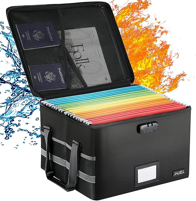 File Box with Lock, Fireproof Document Box File Organizer with Zipper & Adjustable Handle, Collapsible File Storage Box for Home Office, Filing Cabinet for Hanging Letter/Legal Folder