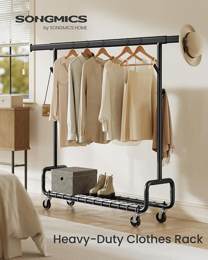 SONGMICS Clothes Rack, Heavy-Duty Rolling Clothing Garment Rack with Wheels, Extendable Hanging Rod and Adjustable Height, Portable, with Shelf and Hooks, Ink Black UHSR014B01