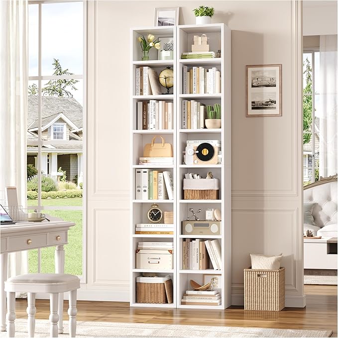 FOTOSOK 2 Pcs 71'' Tall Narrow Bookshelf, 8-Tier Media Tower Rack Set of 2, CD DVD Storage Cabinet with Adjustable Shelves, Tall Narrow Bookcase Skinny Display Bookshelf Slim Shelf, White