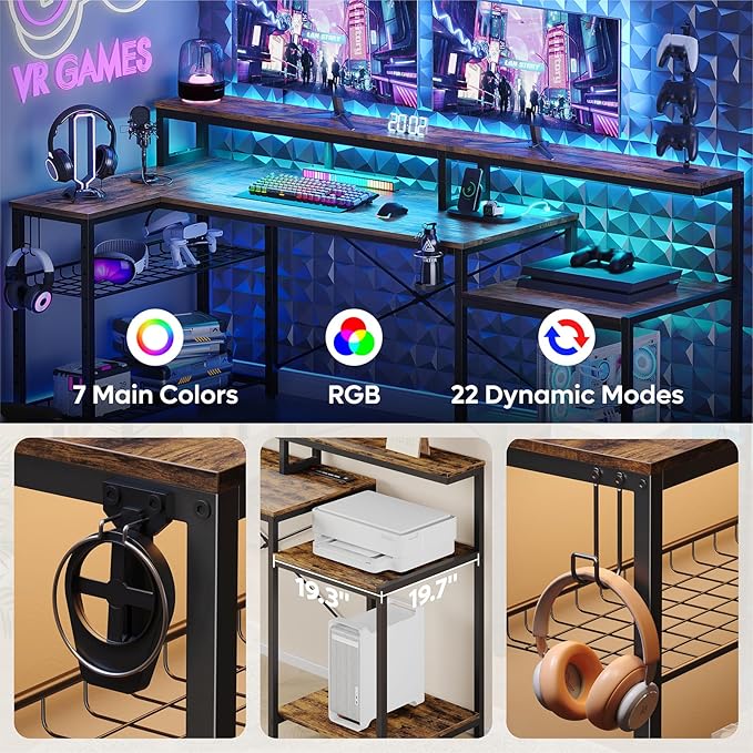 Bestier 71.5 inch Computer Desk with Power Outlets, L Shaped LED Home Office Desk with Long Monitor Stand, Large Corner Desk with Storage Shelf, Cup Holder & Headset Hooks, Modern Simple Table