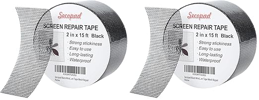 Black Window Screen Repair Tape, 2 in X 15 FT (180IN) Screen Repair Kit for Windows or Doors, Strong Adhesive Screen Patch Fiberglass Screen Tape Mesh Repair (Pack of 2)