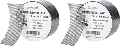 Black Window Screen Repair Tape, 2 in X 15 FT (180IN) Screen Repair Kit for Windows or Doors, Strong Adhesive Screen Patch Fiberglass Screen Tape Mesh Repair (Pack of 2)
