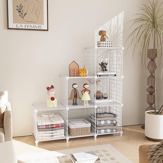 AWTATOS Wire Cube Storage Organizer, Closet Organizers and Storage, Metal 6 Cube Storage Shelves Bookshelf, Portable Closet Clothes Organizer for Bedroom, Home, Office, White