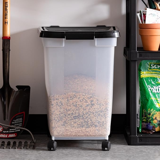 IRIS USA 50 Lbs / 65 Qt WeatherPro Airtight Pet Food Storage Container with Removable Casters, for Dog Cat Bird and other Pet Food Storage Bin, Keep Fresh, Translucent Body, Easy Mobility, Clear/Black