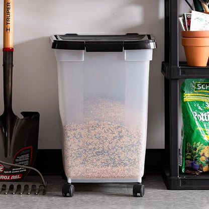 IRIS USA 50 Lbs / 65 Qt WeatherPro Airtight Pet Food Storage Container with Removable Casters, for Dog Cat Bird and other Pet Food Storage Bin, Keep Fresh, Translucent Body, Easy Mobility, Clear/Black