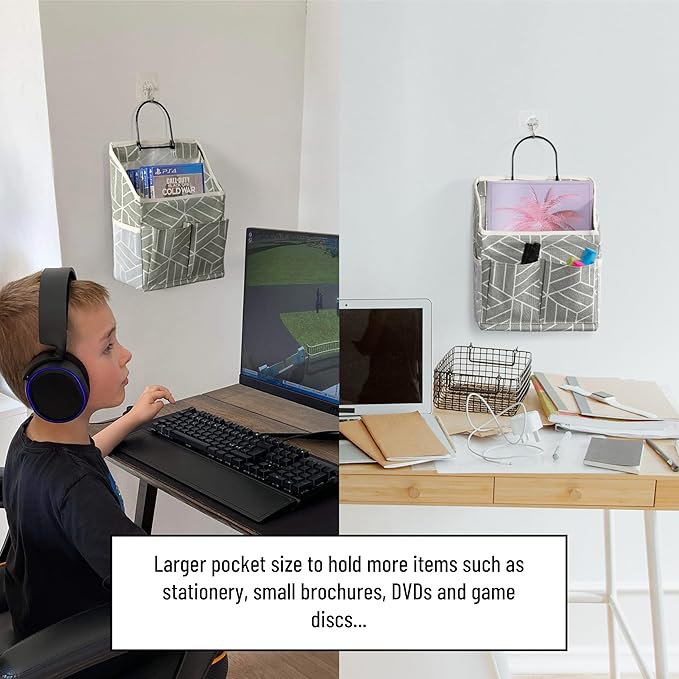 2pcs Wall Hanging Storage Bag, Small Door Closet Linen Fabric Pockets Organizer, Waterproof Multi Functional for Living Room Bedroom Bathroom Kitchen RV Camper with Hooks Pattern Grey