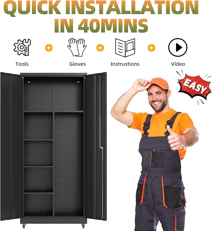 Metal Garage Storage Cabinet with Wheels, Locking Broom Closet Storage Cabinet with Adjustable Shelves, 71" H Tool Cabinet for Utility Room, Workshop, Warehouse